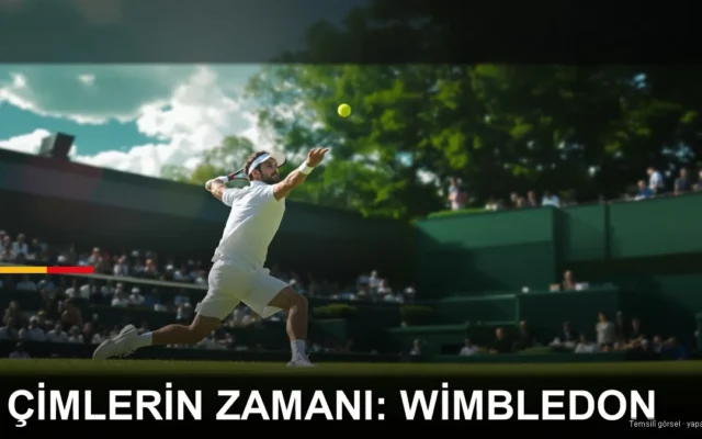 Çim kortta servis atan tenisçi — Wimbledon (temsilî)