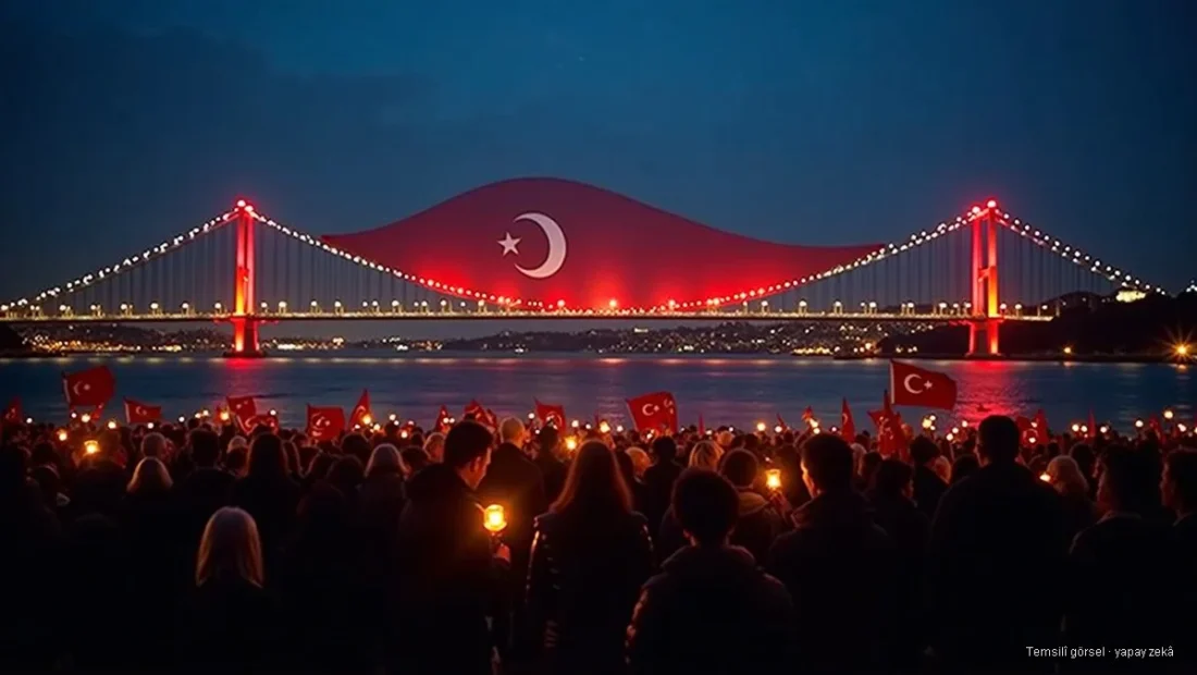 15 Temmuz Demokrasi ve Millî Birlik Günü anması, Boğaz köprüsünde Türk bayrağı ve mumlu kalabalık