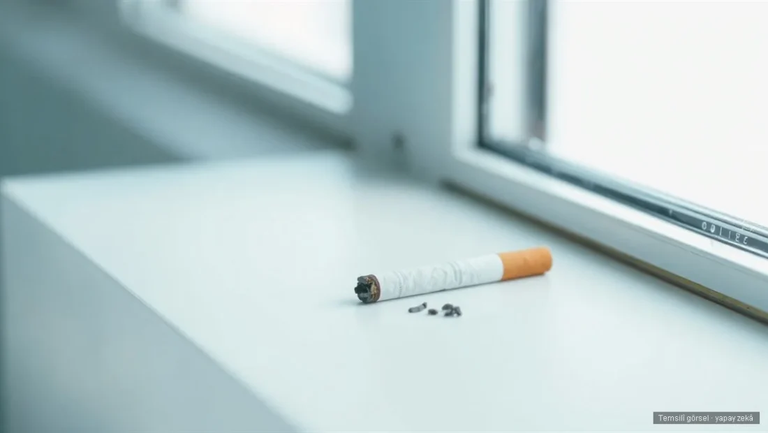 Aydınlık pencere önünde sönmüş bir sigara — Sağlık Bakanlığı adolesan sigara bırakma polikliniği