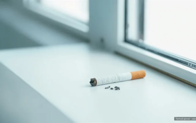 Aydınlık pencere önünde sönmüş bir sigara — Sağlık Bakanlığı adolesan sigara bırakma polikliniği