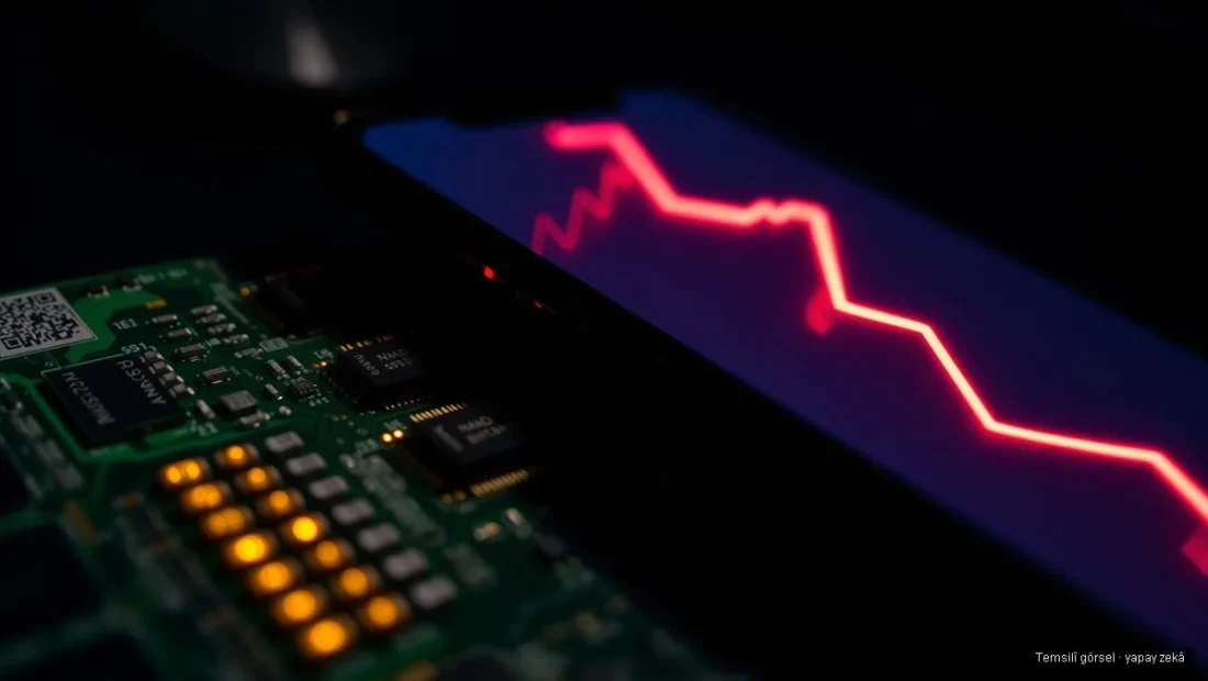 Bellek çipli devre kartı ve telefonda düşen grafik — akıllı telefon pazarı bellek krizi