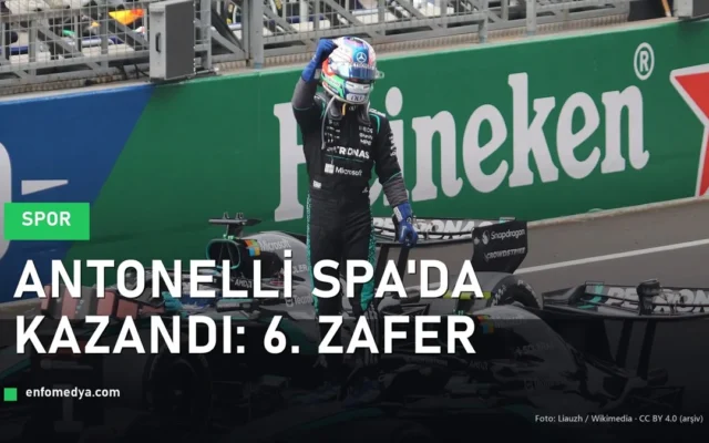 Kimi Antonelli Mercedes aracinin uzerinde galibiyet kutlarken - Belcika GP