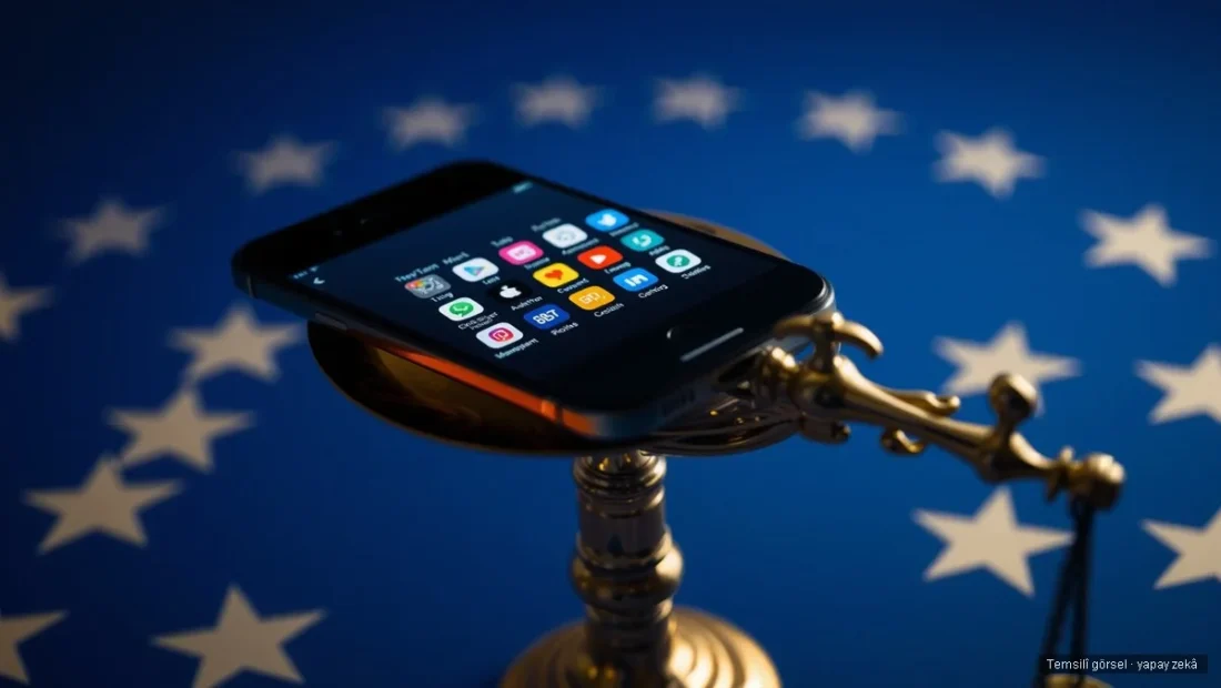 Adalet terazisi uzerinde uygulama ikonlariyla akilli telefon ve AB yildizlari - Apple DMA davasi