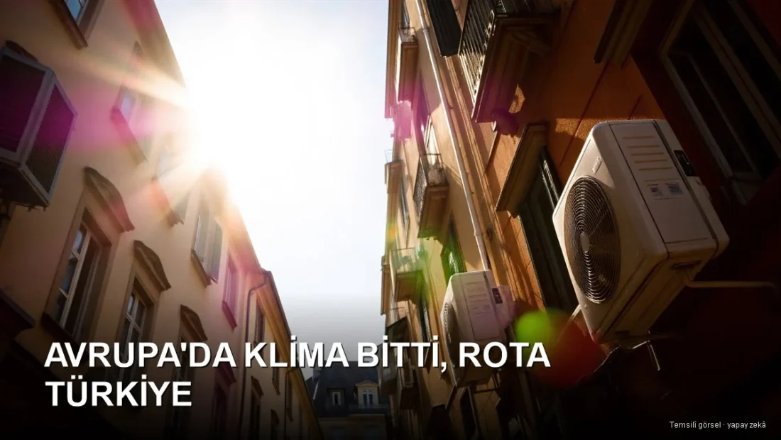 Avrupa tarzı bina cephesinde klima dış üniteleri ve kavurucu güneş — Avrupa klima krizi Türkiye talebi