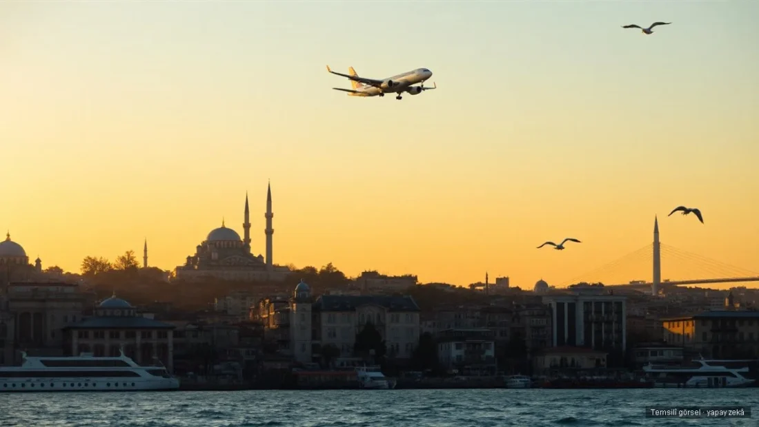 İstanbul silüeti üzerinde gün batımında uçan yolcu uçağı — Çin vize muafiyeti turizm