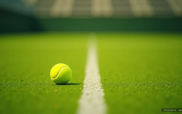 Wimbledon çim kortunda beyaz çizgi kenarında tenis topu — Djokovic yarı finalde