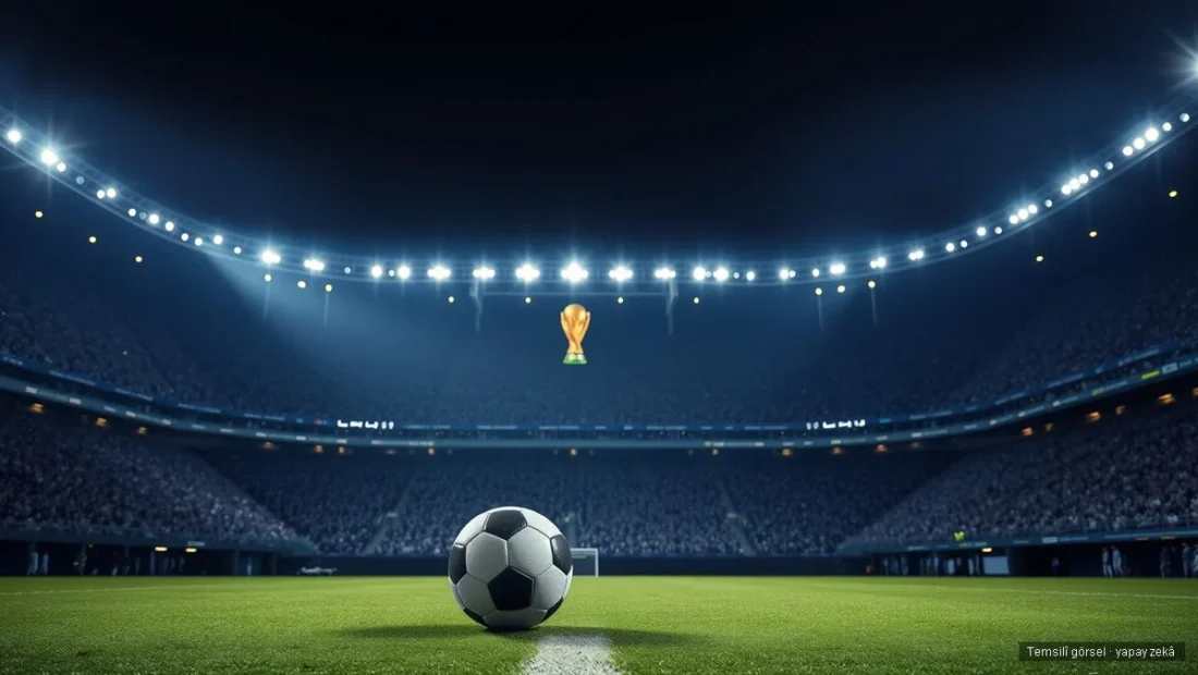 Gece stadyumunda saha ortasında futbol topu ve arkada Dünya Kupası - çeyrek final