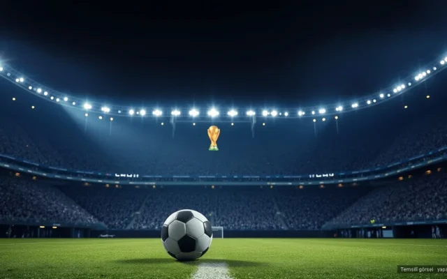 Gece stadyumunda saha ortasında futbol topu ve arkada Dünya Kupası - çeyrek final