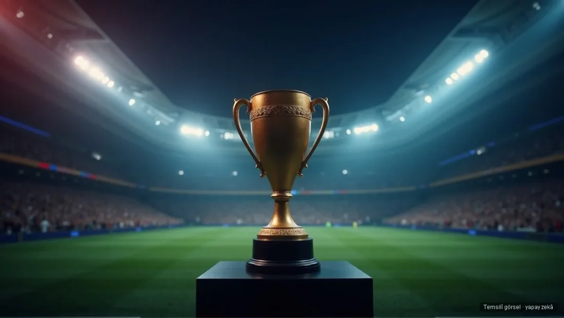 Gece stadyumunda altın futbol kupası — 2026 Dünya Kupası finali İspanya-Arjantin