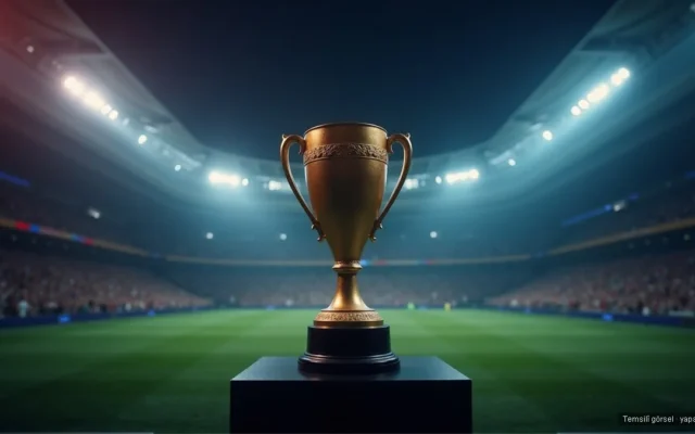 Gece stadyumunda altın futbol kupası — 2026 Dünya Kupası finali İspanya-Arjantin