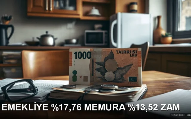 Ahşap masada Türk lirası banknotlar, bozuk para ve gözlük — emekli memur zammı temmuz maaş tablosu