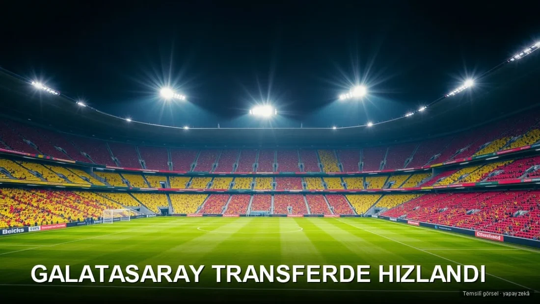 Gece stadyumunda sarı-kırmızı tribün ve projektörler — Galatasaray transfer