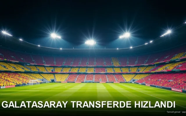 Gece stadyumunda sarı-kırmızı tribün ve projektörler — Galatasaray transfer