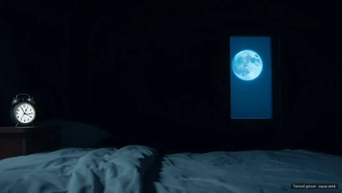 Karanlık yatak odasında gece saati ve dolunay — geç yatmak ve kalp sağlığı