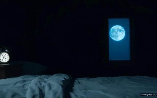 Karanlık yatak odasında gece saati ve dolunay — geç yatmak ve kalp sağlığı