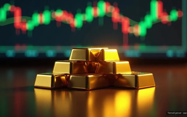 Altın külçeleri ve arka planda mum grafiği — gram altın fiyatı Fed ve jeopolitik risk