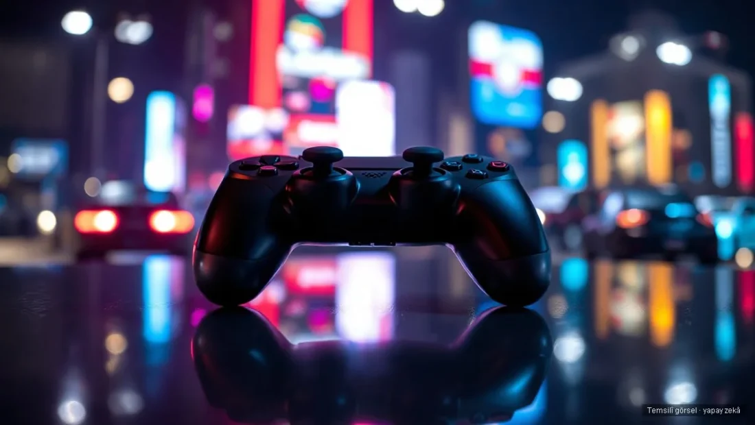 Neon ışıklı şehir önünde oyun kumandası — GTA 6 ön sipariş rekoru