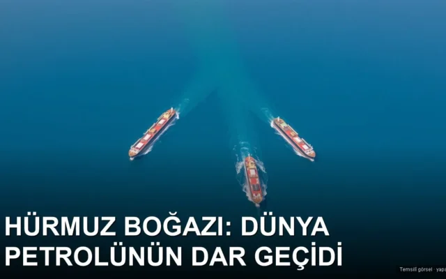 İki kıyı arasındaki dar boğazdan geçen petrol tankerleri, kuş bakışı