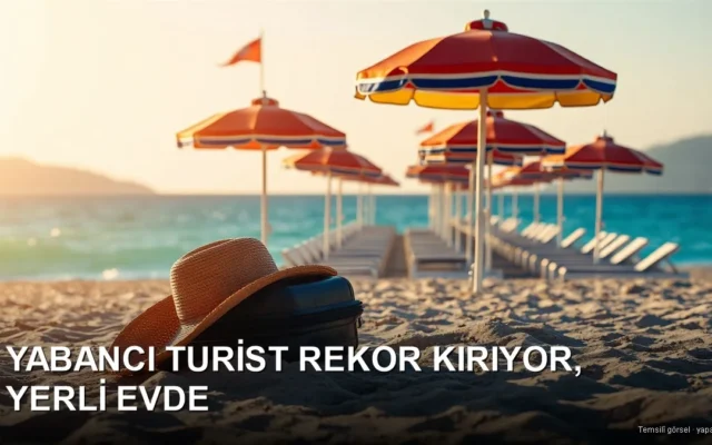 Altın saatte sahilde hasır şapka, bavul ve boş şezlonglar — iç turizm OECD raporu