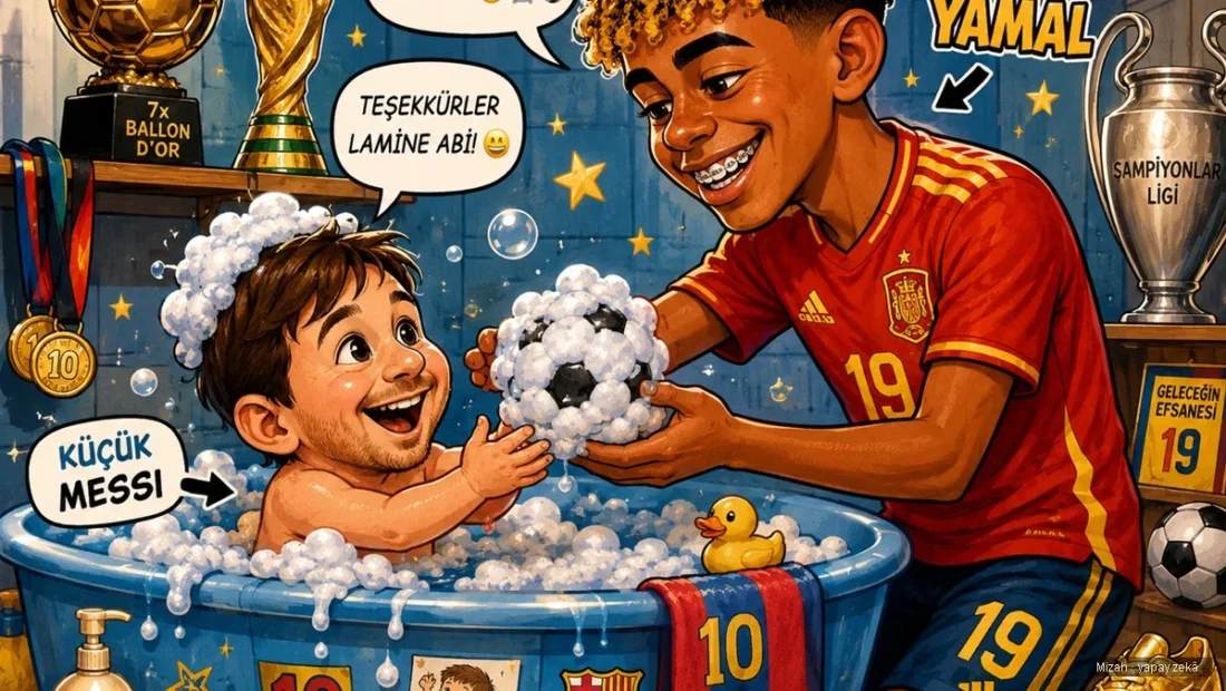İspanya Dünya Kupası şampiyonu — Lamine Yamal ve küçük Messi çizimi (mizah)