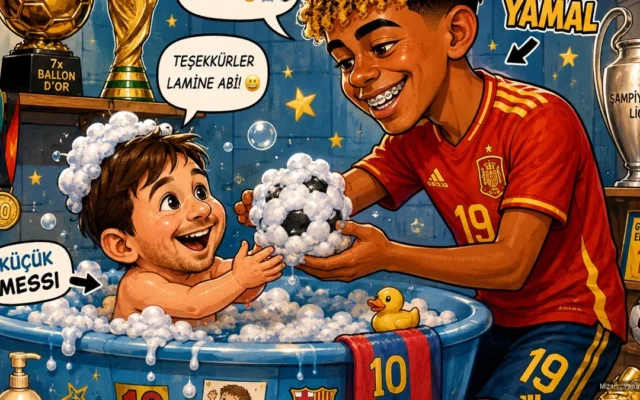 İspanya Dünya Kupası şampiyonu — Lamine Yamal ve küçük Messi çizimi (mizah)