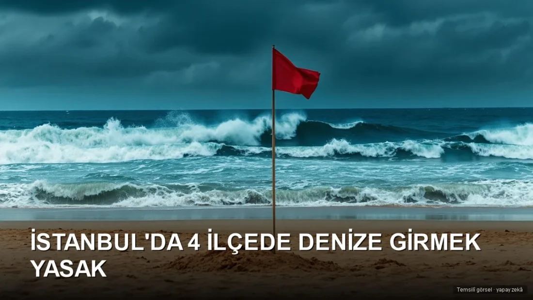 Dalgalı Karadeniz kıyısında boş plajda kırmızı uyarı bayrağı — İstanbul denize girme yasağı