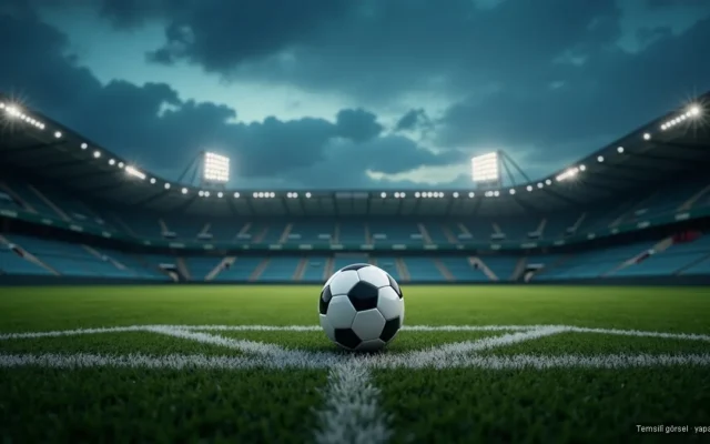 Floodlight aydınlatmalı stadyumda çim üzerinde futbol topu — İsviçre Kolombiya Dünya Kupası çeyrek final