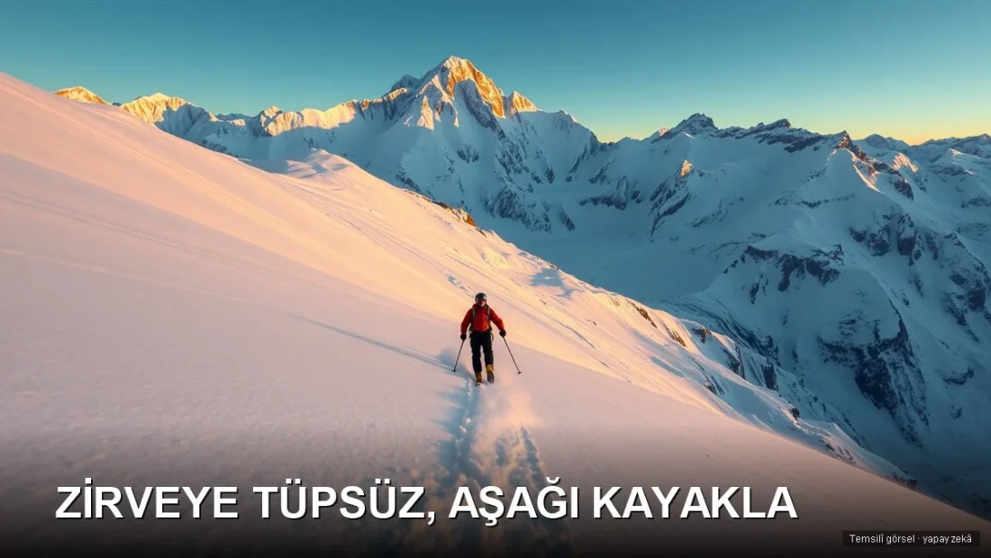 Karlı Himalaya yamacında kayakçı — Nanga Parbat oksijensiz tırmanış