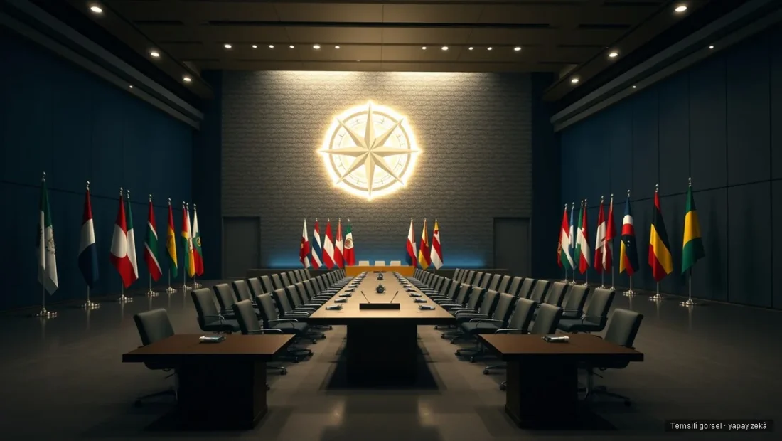 NATO Ankara Zirvesi salonu: uzun konferans masası, üye ülke bayrakları ve pusula amblemi