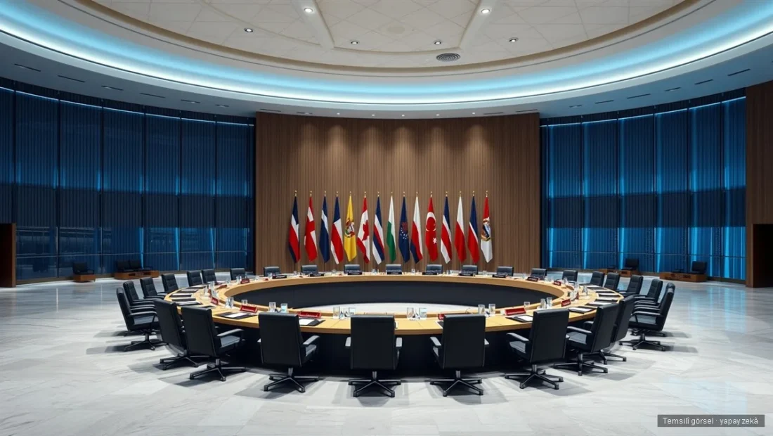 NATO zirve salonunda bayraklar ve yuvarlak konferans masası — 36. NATO Ankara Zirvesi