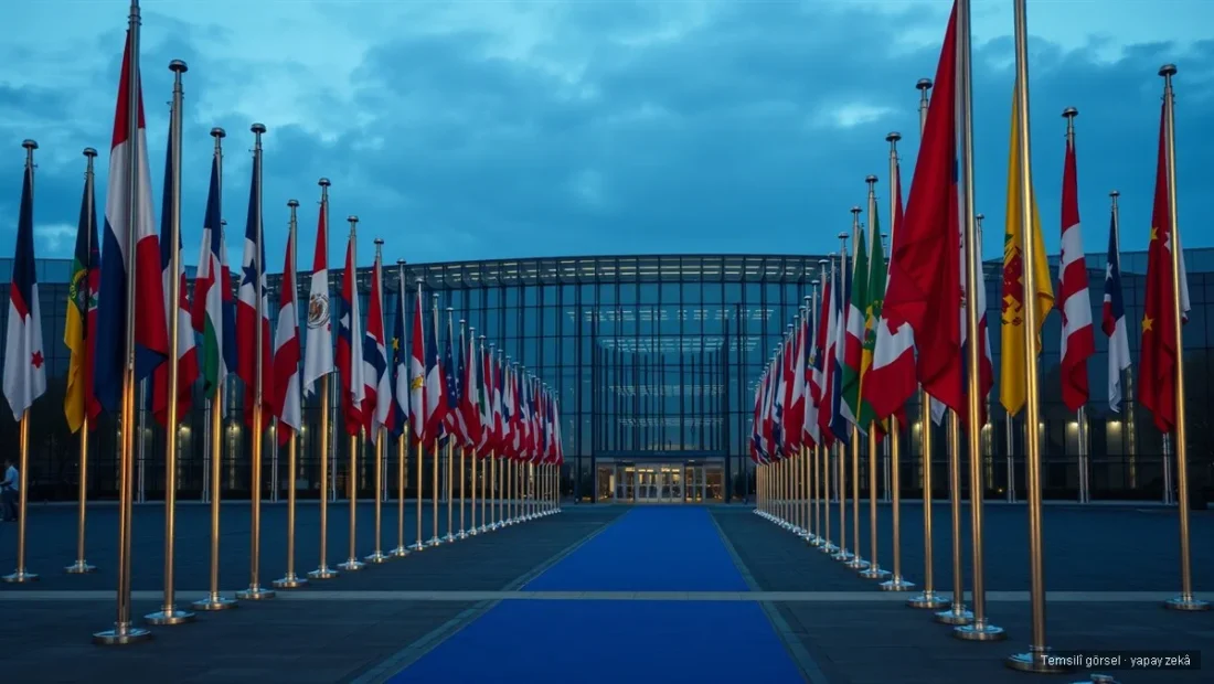 Uluslararası zirve için sıralanmış ülke bayrakları ve kongre merkezi — NATO Ankara Zirvesi