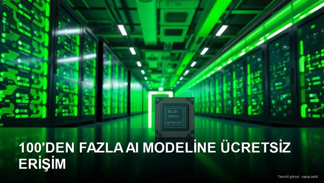 Yeşil ışıklı veri merkezinde GPU sunucu rafları ve önde bir yapay zekâ çipi — NVIDIA ücretsiz yapay zekâ modelleri