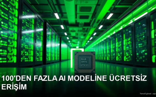 Yeşil ışıklı veri merkezinde GPU sunucu rafları ve önde bir yapay zekâ çipi — NVIDIA ücretsiz yapay zekâ modelleri