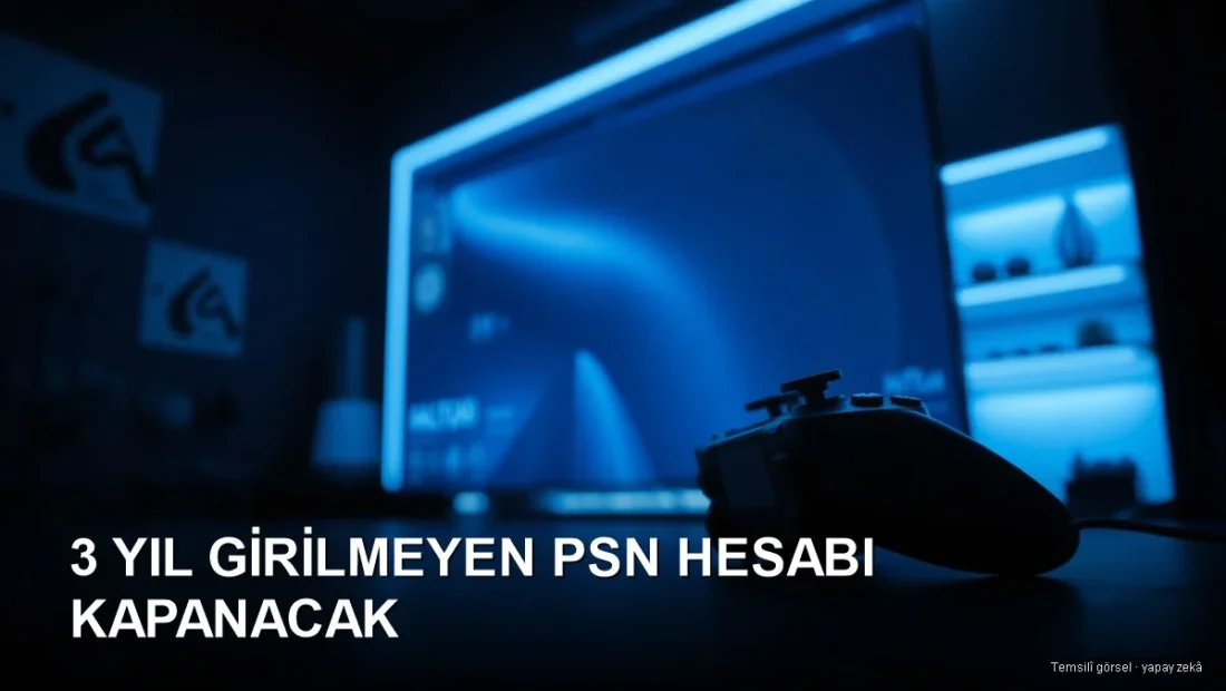 Karanlık odada masada duran oyun kumandası, arkada mavi ışıklı ekran — PlayStation hesap silme kararı