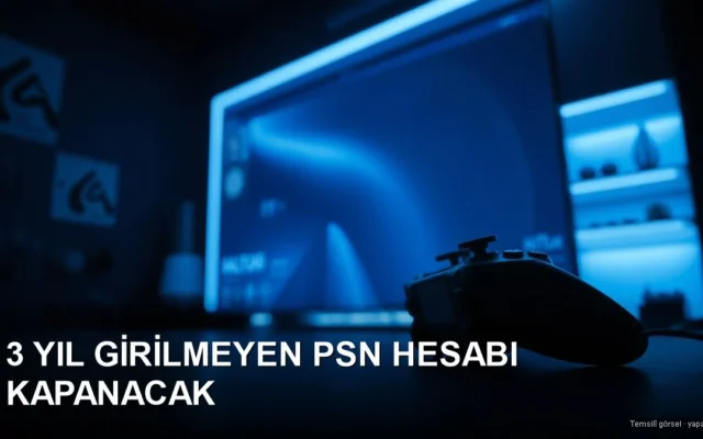 Karanlık odada masada duran oyun kumandası, arkada mavi ışıklı ekran — PlayStation hesap silme kararı