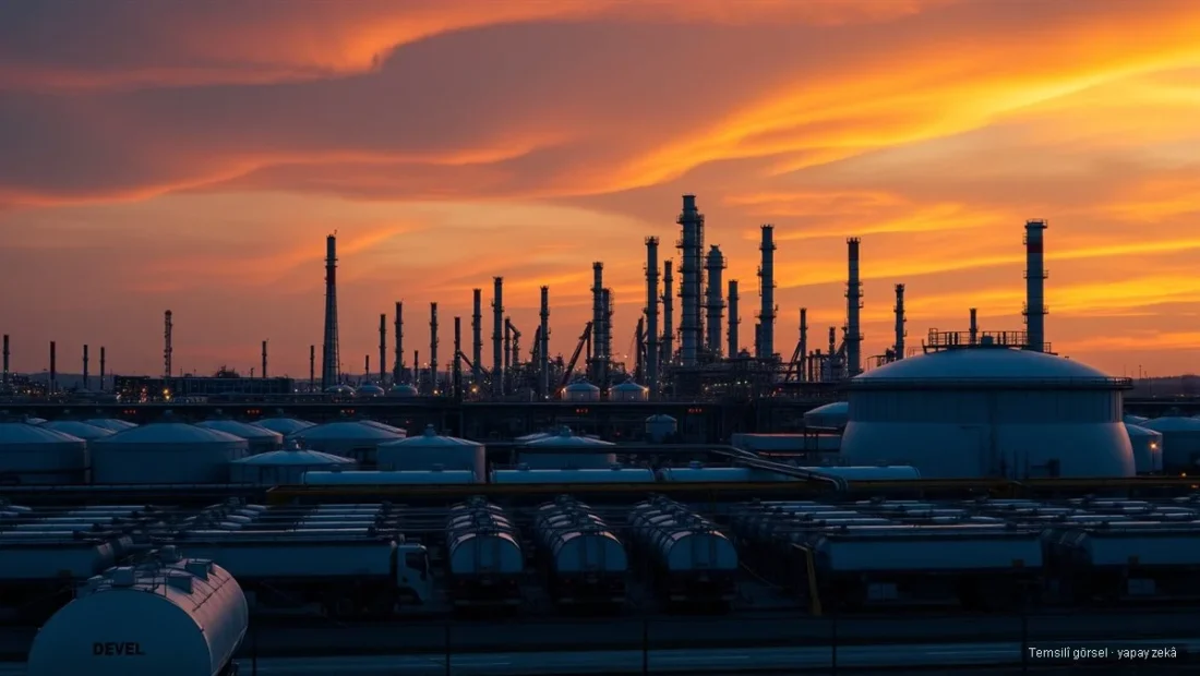 Gün batımında petrol rafinerisi, yakıt depolama tankları ve tanker kamyonları - Rusya dizel ihracatı yasağı