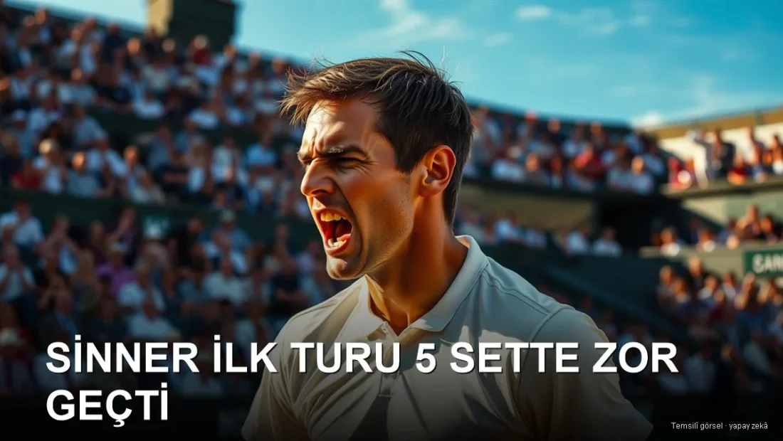 Çim kortta beş set mücadele eden beyaz kıyafetli tenisçi