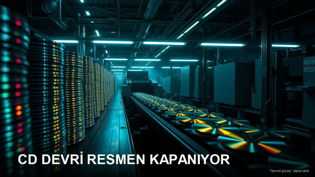 CD üretim bandında parlayan diskler — Sony fabrika dönüşümü