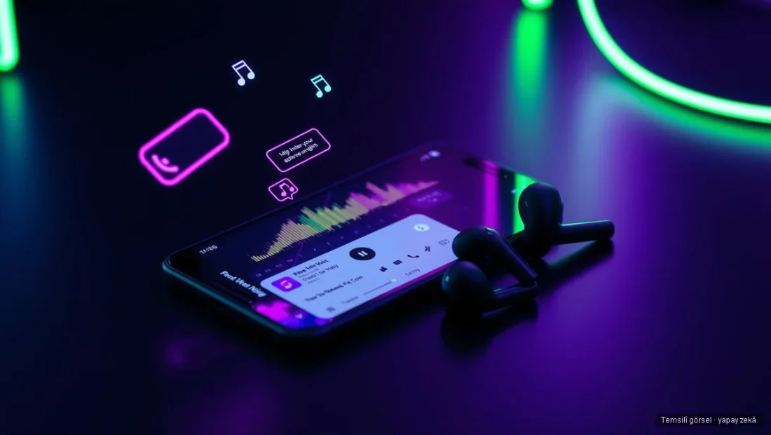 Müzik uygulaması ekranı, yapay zekâ sohbet baloncukları ve kulaklık — Spotify yapay zekâ asistanı