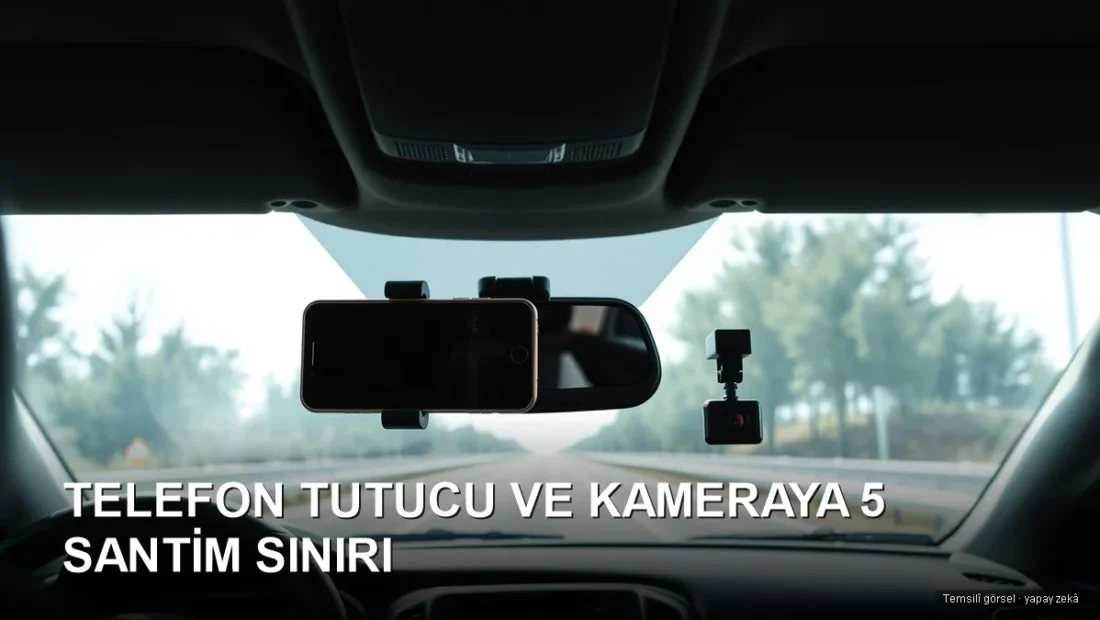 Araç gösterge paneli üzerinde ön cama monte telefon tutucu ve araç kamerası — trafik yönetmeliği 5 santim kuralı