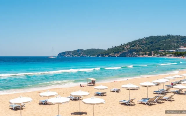 Türkiye Akdeniz kıyısında şezlonglu plaj ve turkuaz deniz — turizm rekoru
