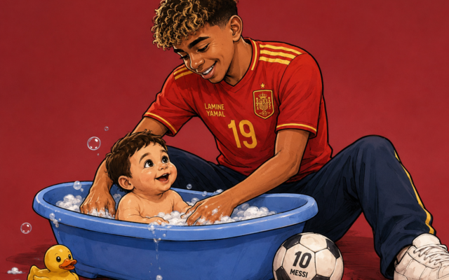 Lamine Yamal, İspanya forması ile bebek Messi'yi mavi küvette yıkıyor - Dünya Kupası göndermesi
