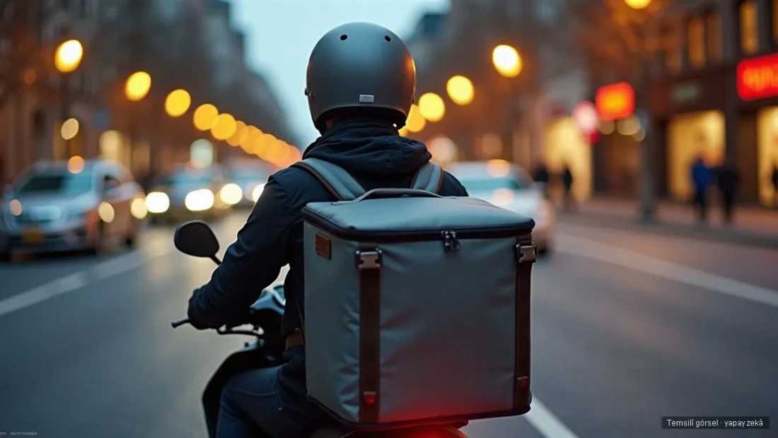 Termal teslimat çantasıyla scooter süren yemek kuryesi — Uber, Yemeksepeti çatı şirketi Delivery Hero satın alma