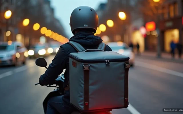 Termal teslimat çantasıyla scooter süren yemek kuryesi — Uber, Yemeksepeti çatı şirketi Delivery Hero satın alma